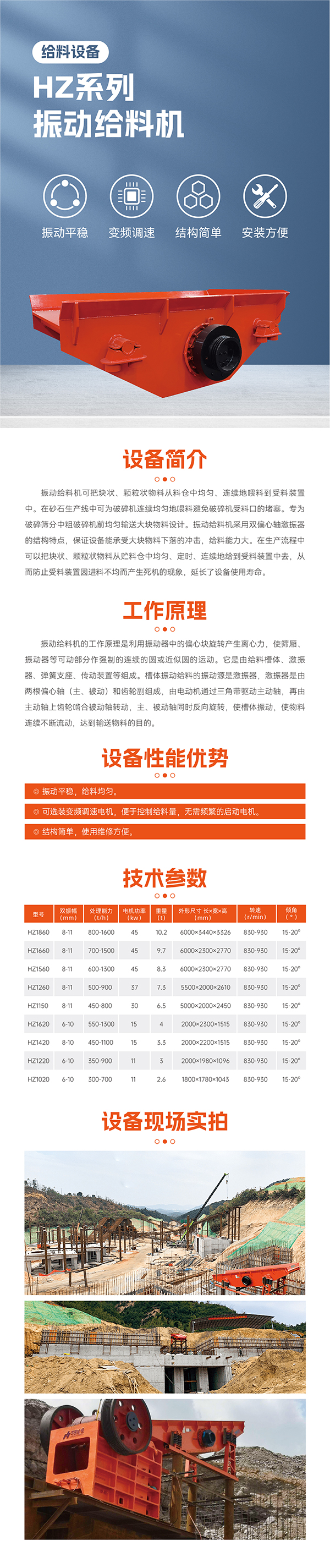 振動平穩，給料均勻。 可選裝變頻調速電機，便于控制；給料量，無需頻繁的啟動電機。  結構簡單，使用維修方便。 最大標準型號HZ1860振動給料機標配45KW電機 雙振幅 8-11mm  重量10.2噸，轉速830-930R/min  安裝傾角 15-20度， 處理量可達800-1600噸  適合大型生產線礦山項目使用一般使用在時產1000-2000噸，此系列振動給料機可根據具體客戶實際需要加大尺寸響應提升給料效率！